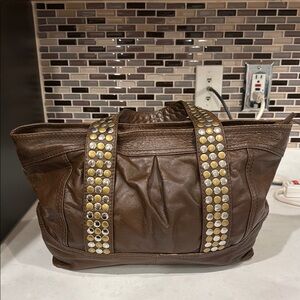 Brown Studded Leather Tote Bag